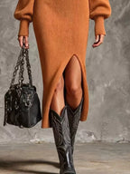 Ribbed Knit Quarter-zip Lantern Sleeve Sweater Dress (3)