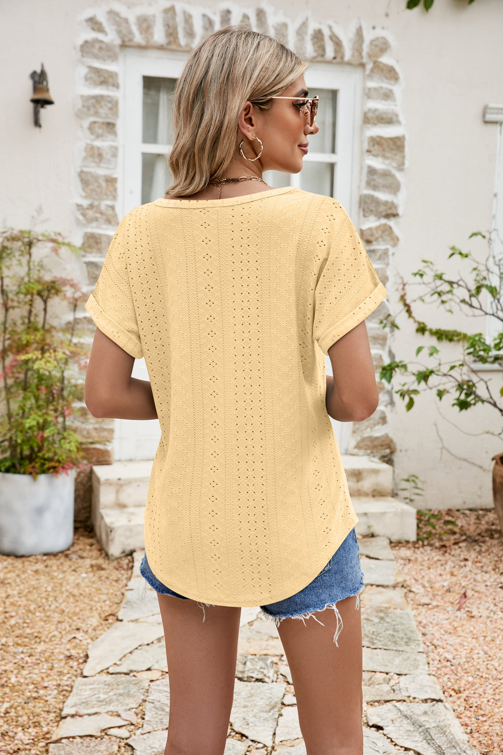 Full Size Round Neck Eyelet Short Sleeve Top (15)