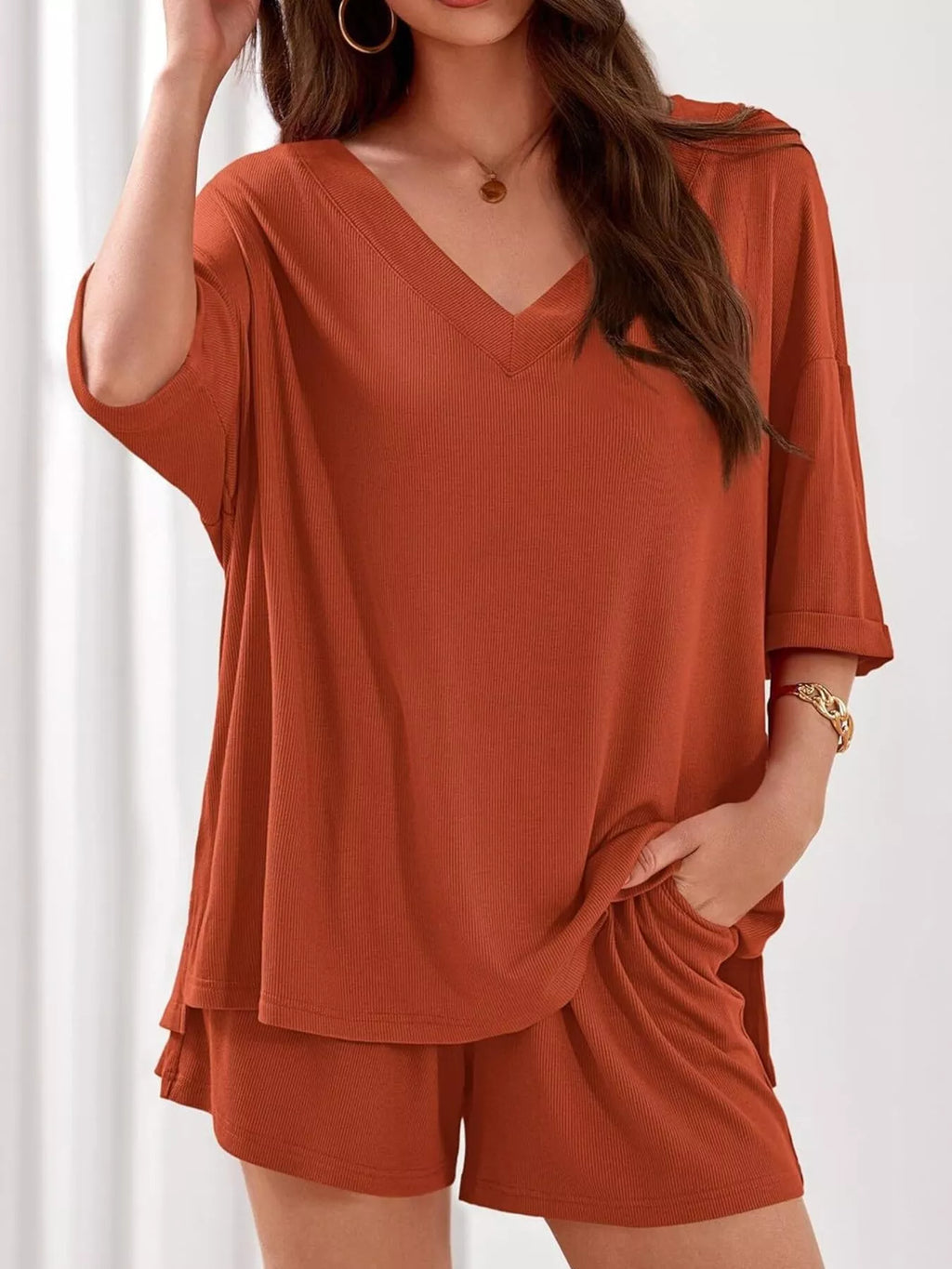 Casual Solid Color V-neck Top Shorts Set (11)