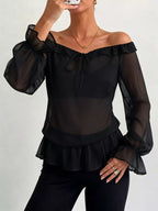 Off-shoulder Flounce Sleeve Chiffon Blouse (2)