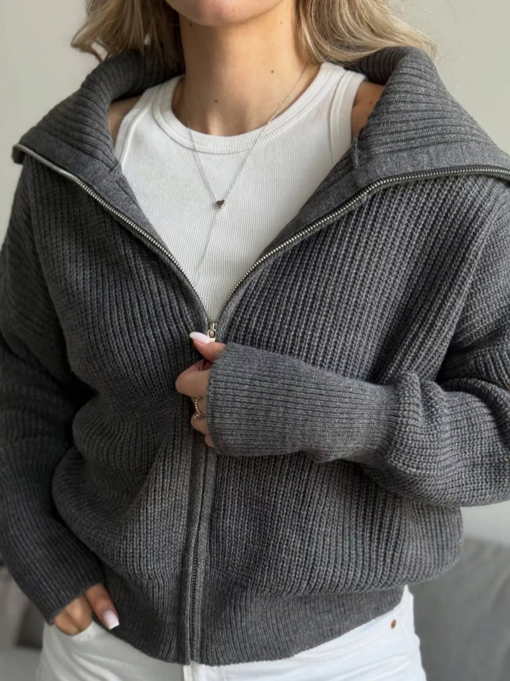 Zip Up Dropped Shoulder Cardigan (5)