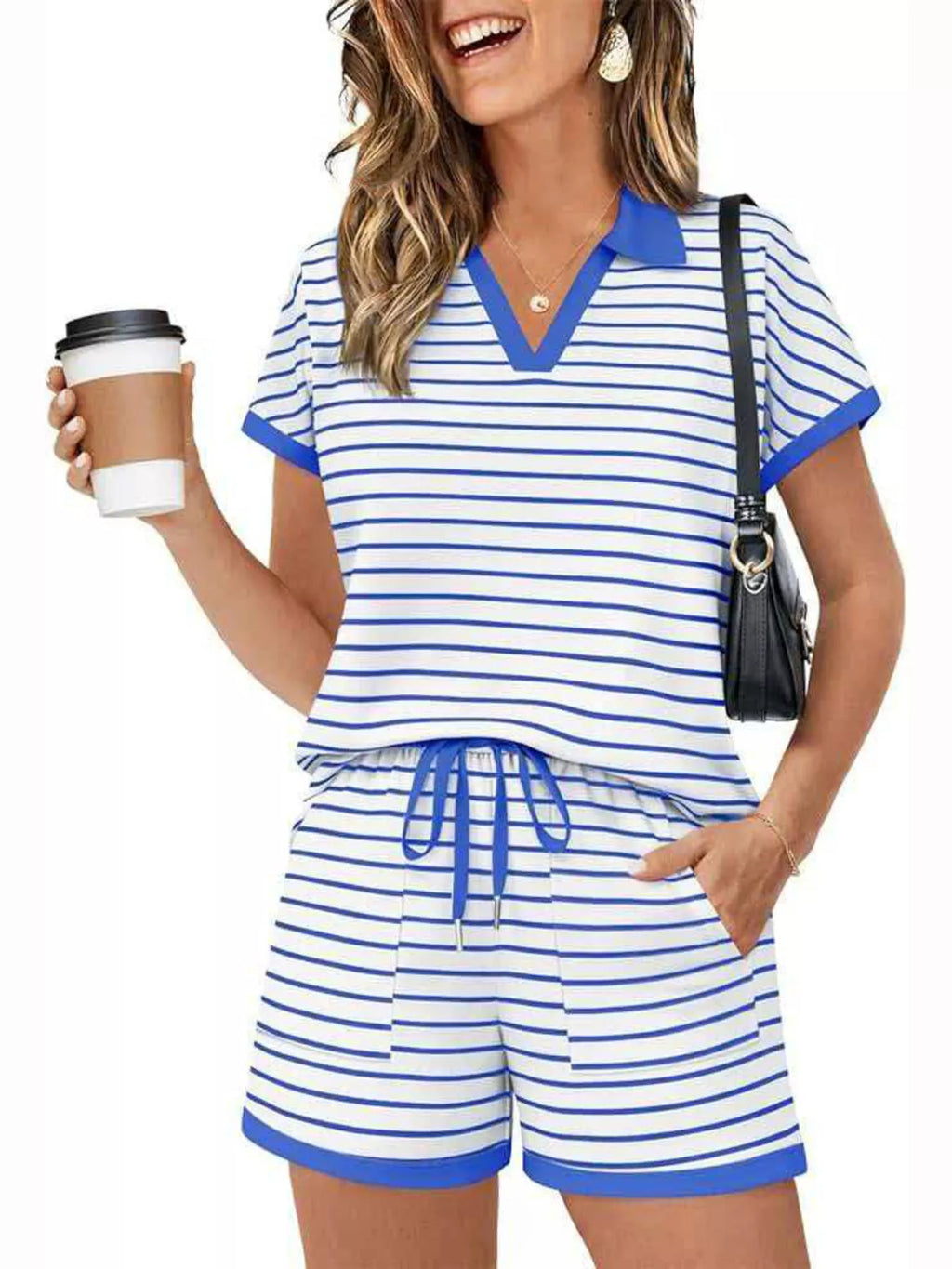 Striped Short Sleeve Polo Shorts Set (14)