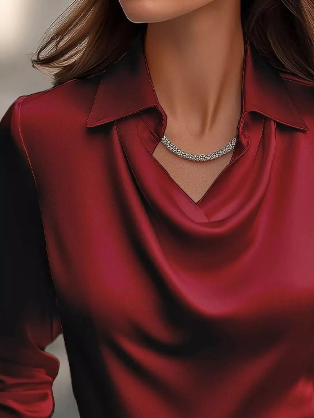 Ruched Long Sleeve Drape Collar Blouse (17)