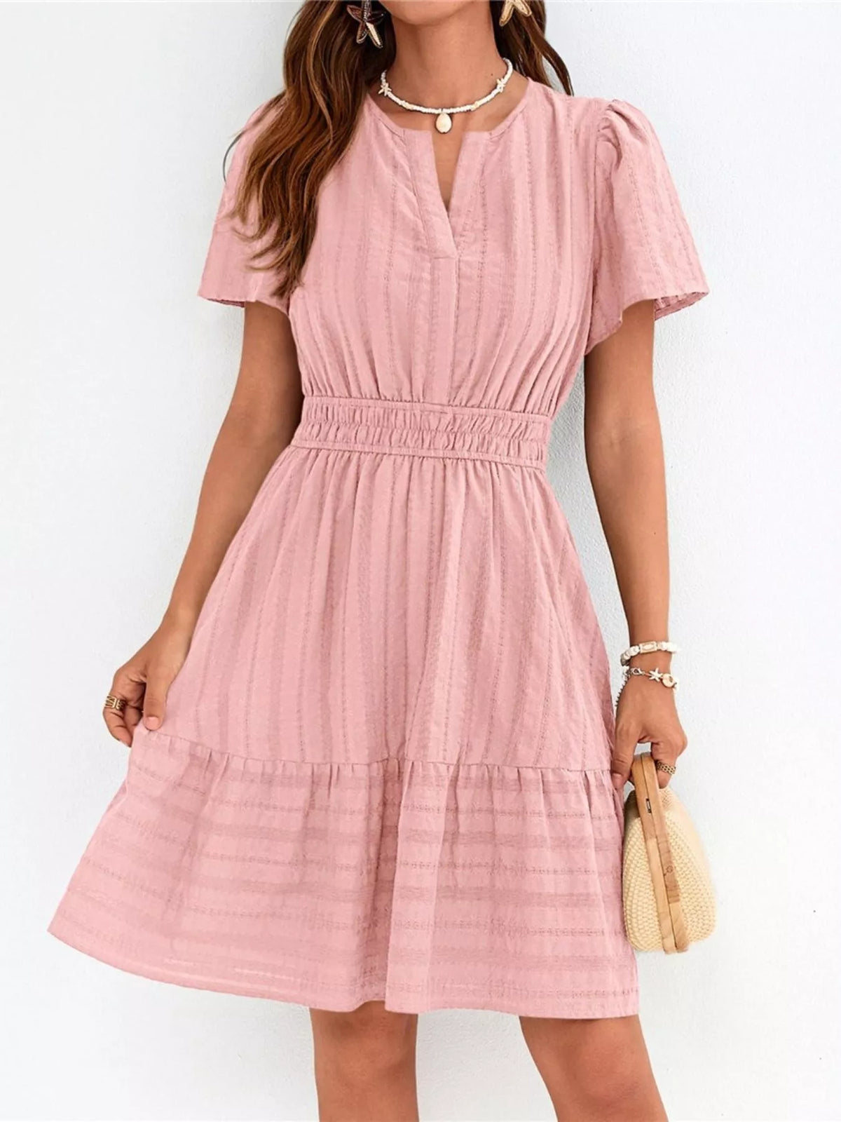 Short Sleeve Smocked Waist Tiered Dress (24)