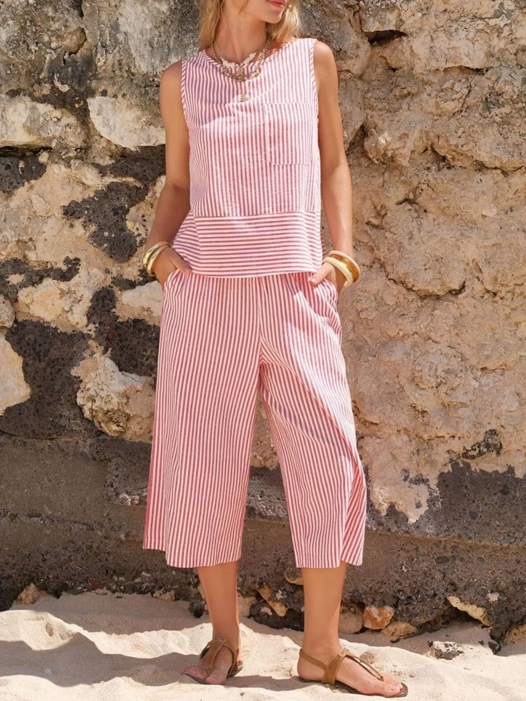 Striped Sleeveless Top Cropped Pants Set