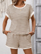 Striped Casual Round Neck Top Shorts Set (22)