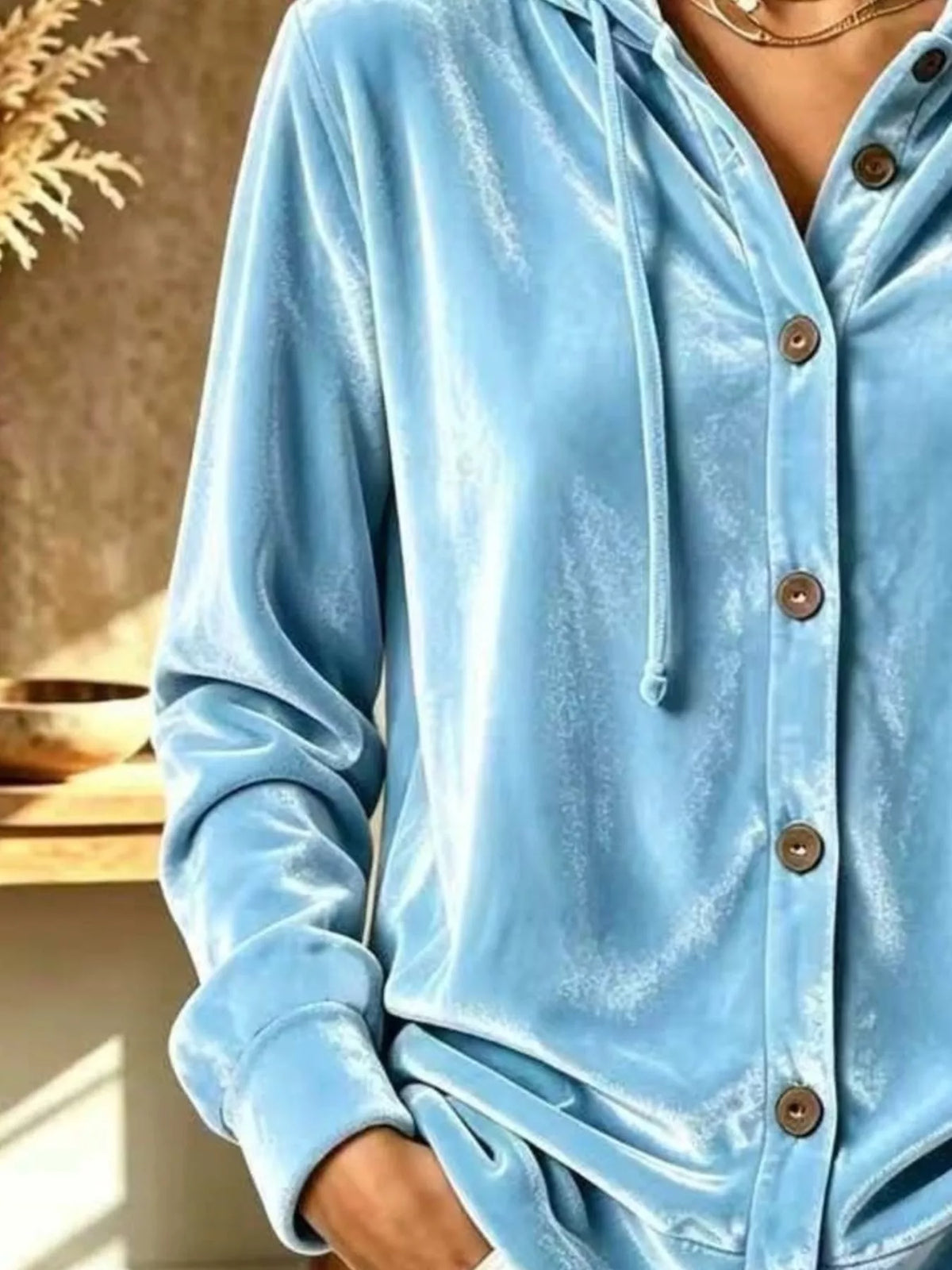 Full Size Velvet Button-down Hooded Top Plus (12)