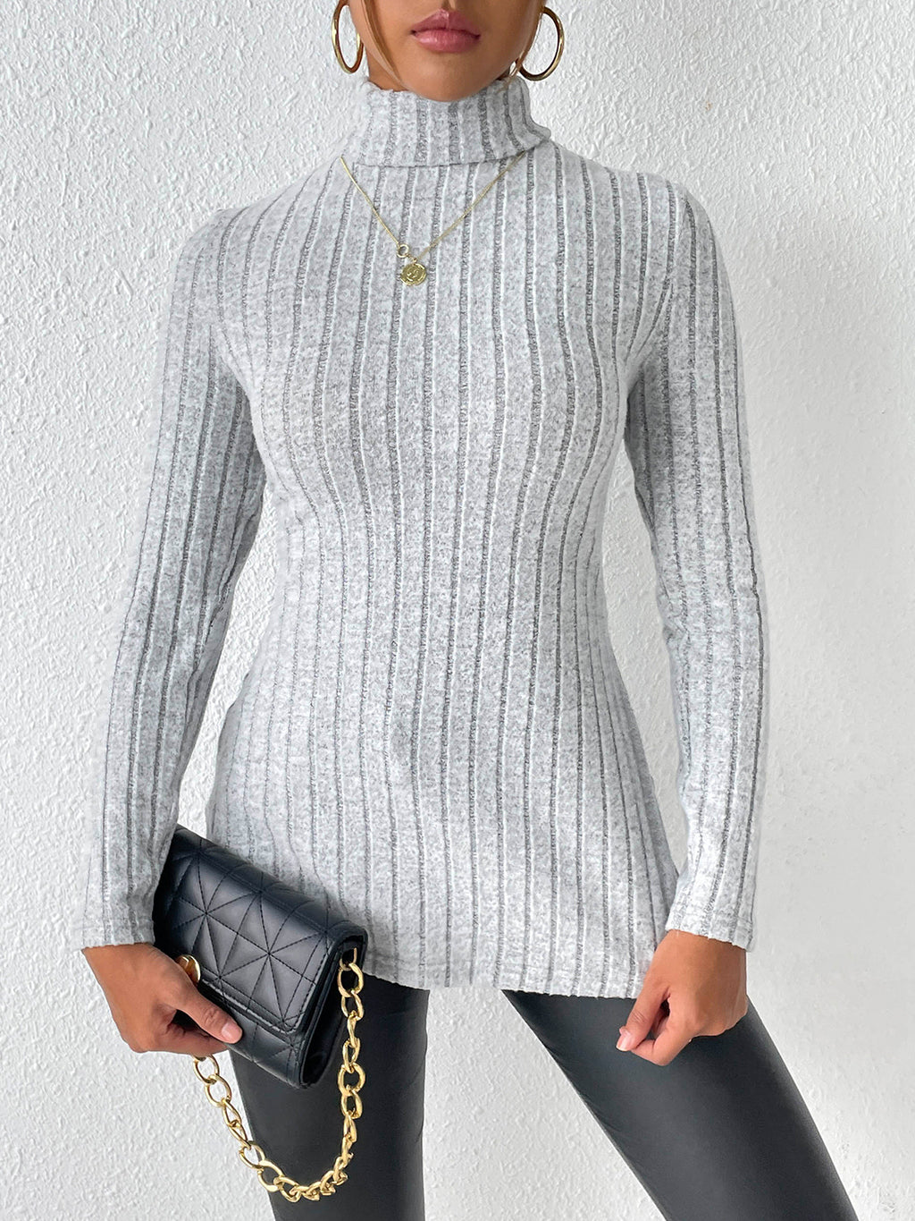 Ribbed Turtleneck Long Sleeve Slit T-shirt (3)