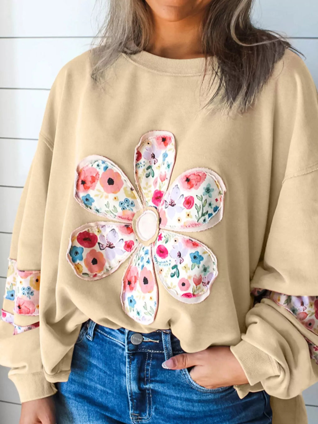 Plus Size Floral Applique Drop Shoulder Sweatshirt (8)