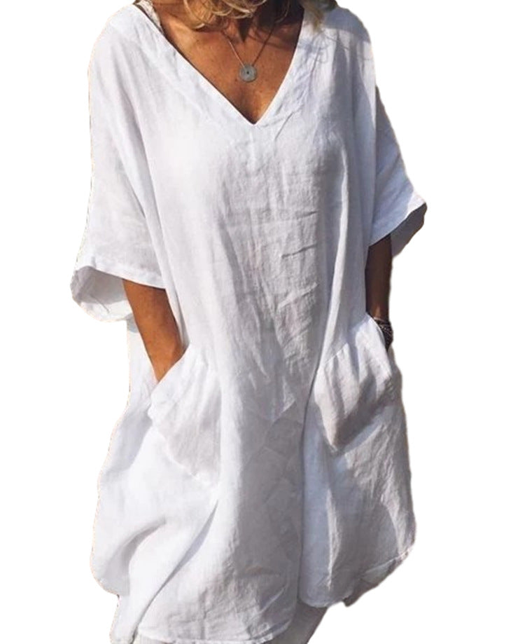 Oversized V-neck Midi Dress variant CJNSSYCS05562-White-XXL|CJNSSYCS05562-White-5XL|CJNSSYCS05562-White-XL|CJNSSYCS05562-White-3XL|CJNSSYCS05562-White-L|CJNSSYCS05562-White-4XL|CJNSSYCS05562-White-M|CJNSSYCS05562-White-S