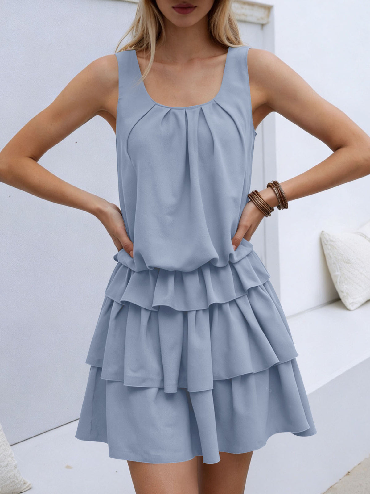 Sleeveless Ruffle Layered Mini Dress (2)