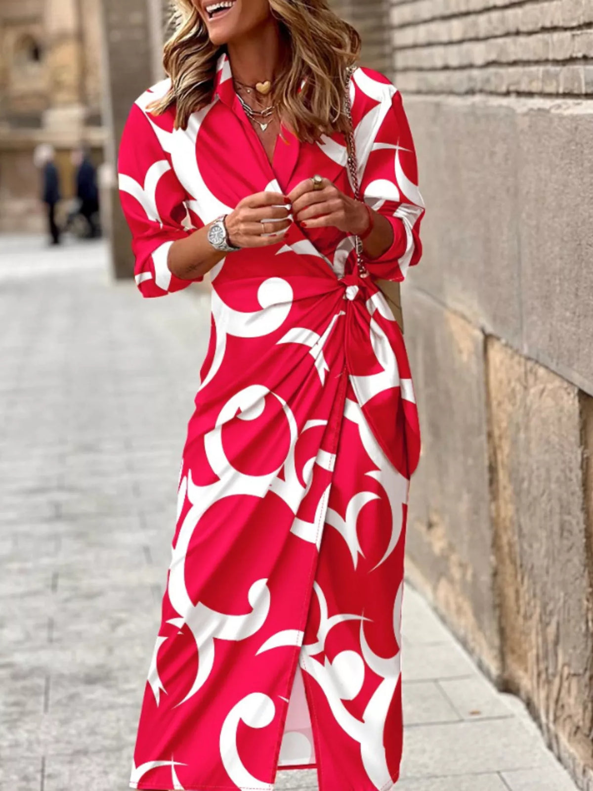 Printed Collared Neck Shirt Dress (4)