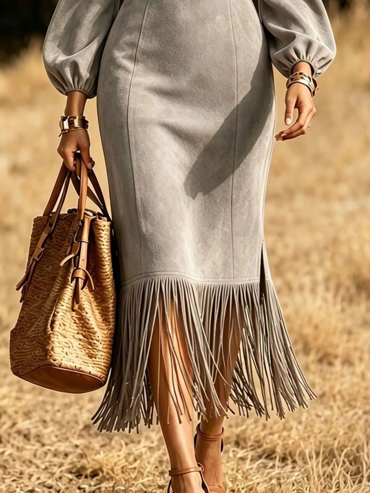 Fringe Round Neck Balloon Sleeve Dress (8)