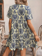 Printed Tie Neck Short Sleeve Dress (12)