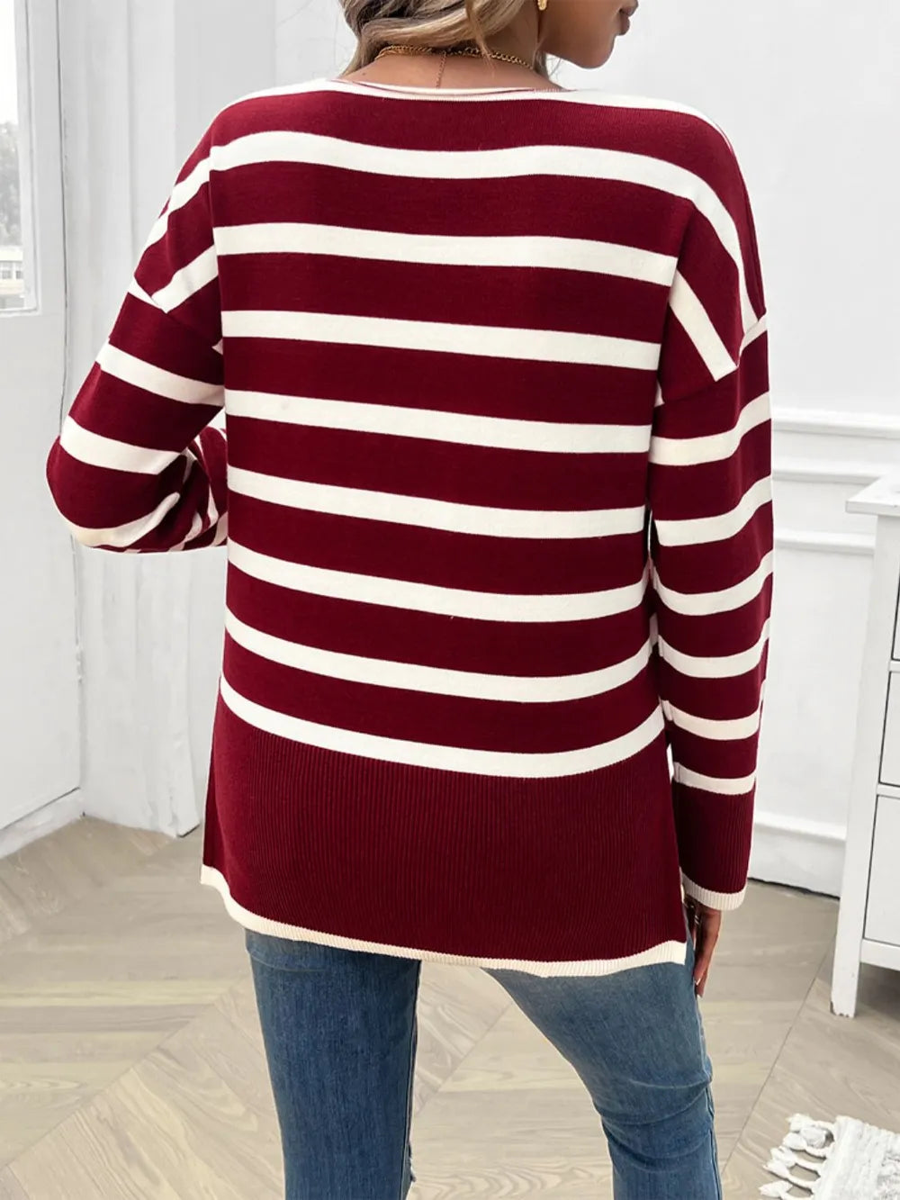 Striped V-neck Long Sleeve Knit Top (16)