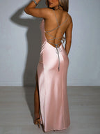 Slinky Satin Cowl Neck High Slit Dress Back Lace Up (9)