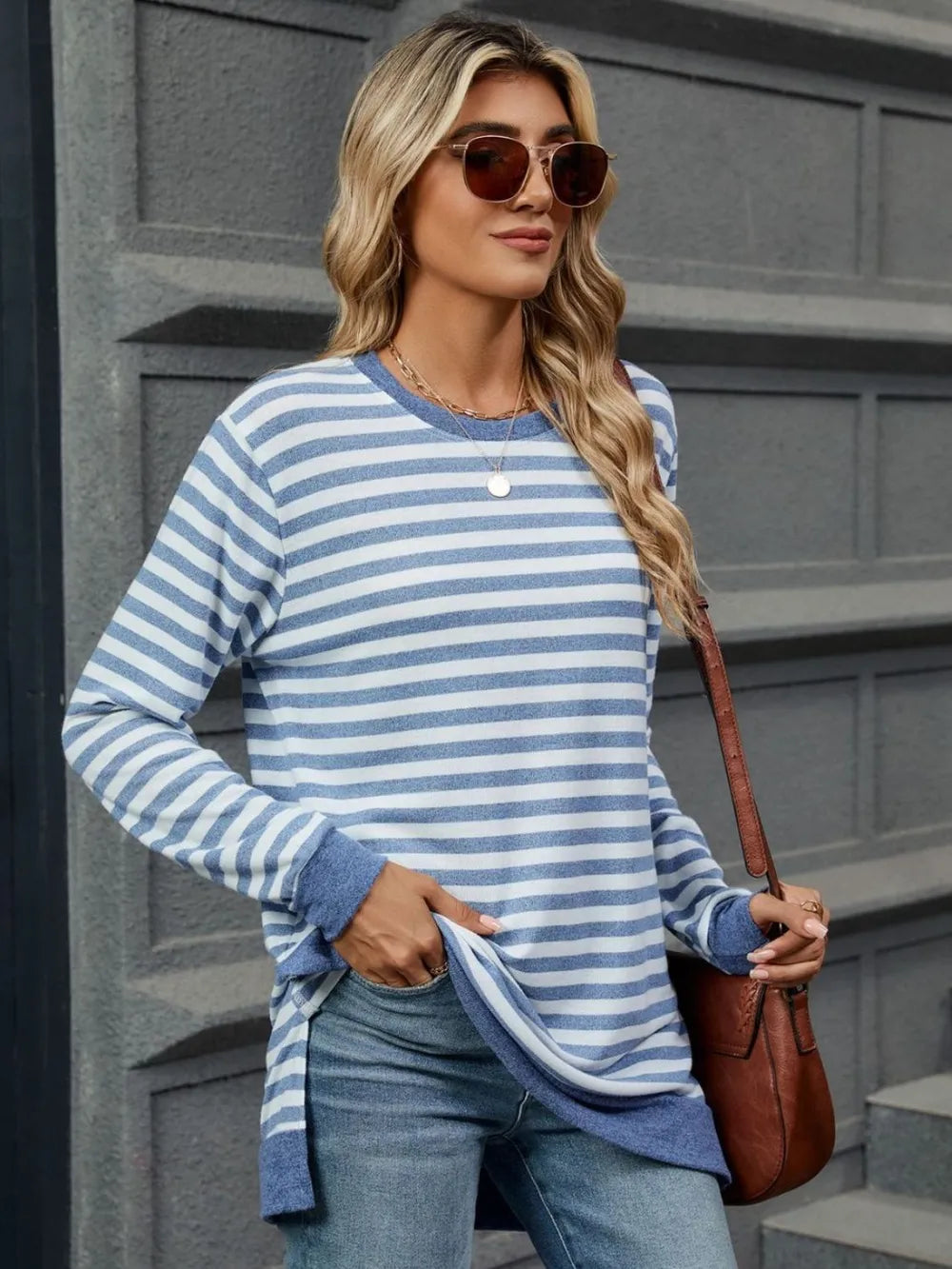 Striped Round Neck Long Sleeve T-shirt (3)