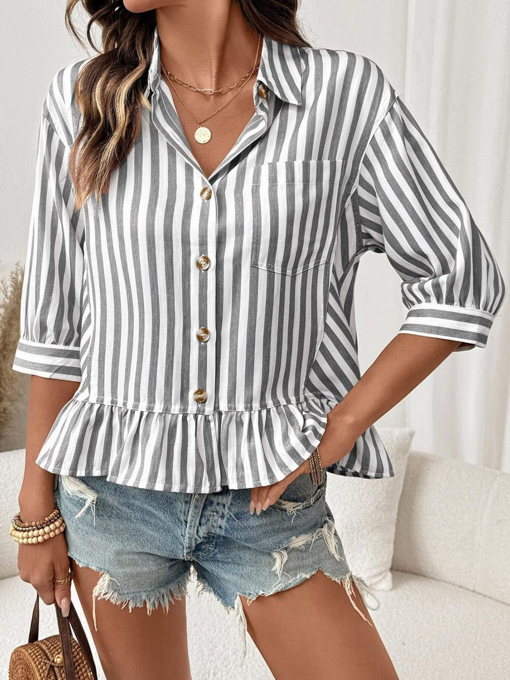 Striped Ruffle Hem Button-down Shirt (10)