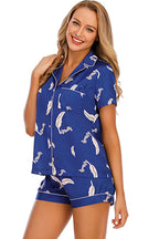 Printed Button Up Short Sleeve Top Shorts Lounge Set (14)