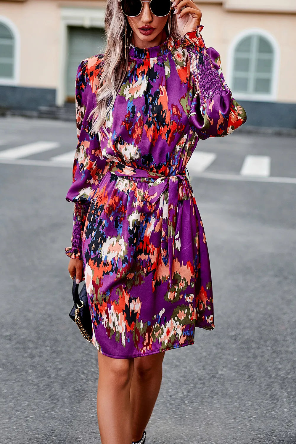 Printed Tie Waist Mock Neck Lantern Sleeve Dress (13)