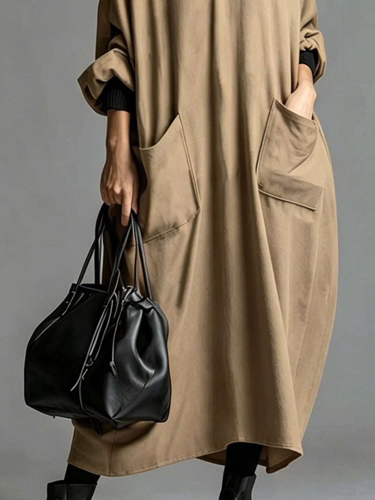 Full Size Loose-fit Mock Neck Midi Dress Pockets Plus (15)