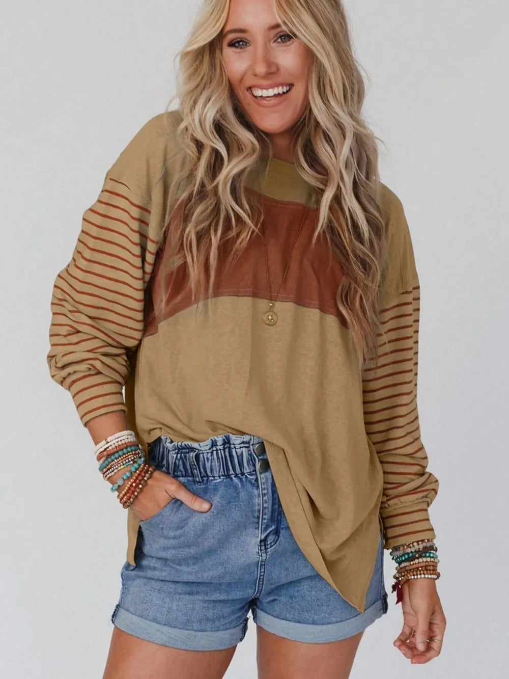Round Neck Striped Long Sleeve Slit T-shirt (9)