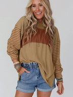 Round Neck Striped Long Sleeve Slit T-shirt (9)