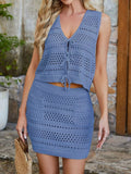 Crochet Knit Tie-front Tank Mini Skirt Set