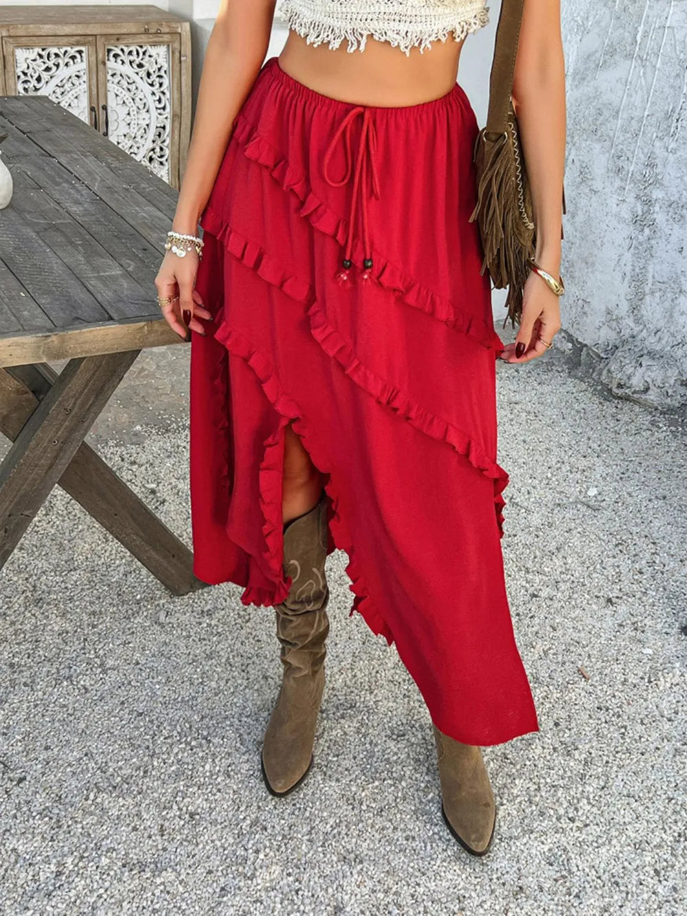 Slit Drawstring Ruffled Skirt (15)