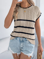 Cable-knit Striped Round Neck Knit Top (6)