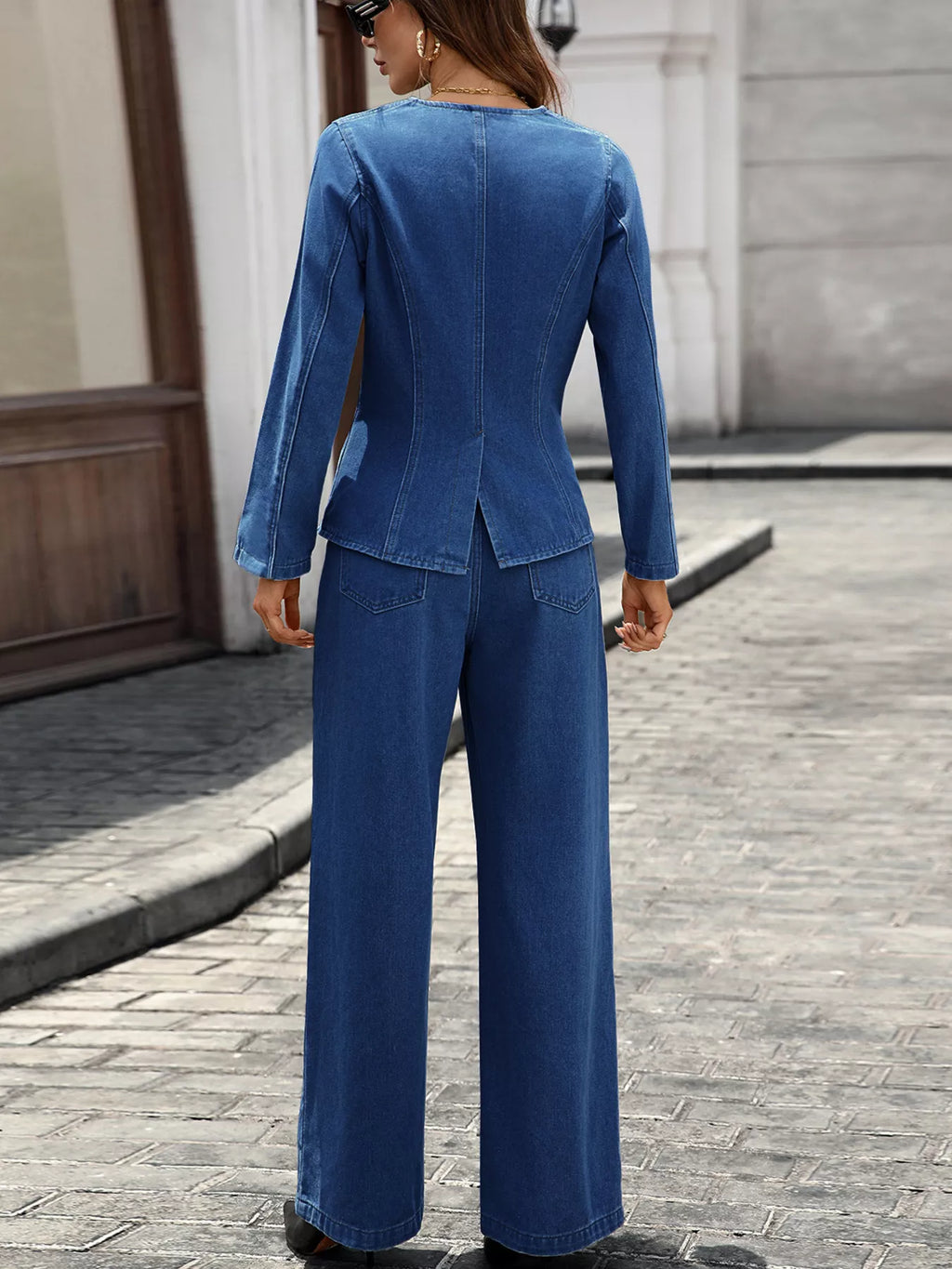 Button Up Long Sleeve Top Jeans Denim Set (15)