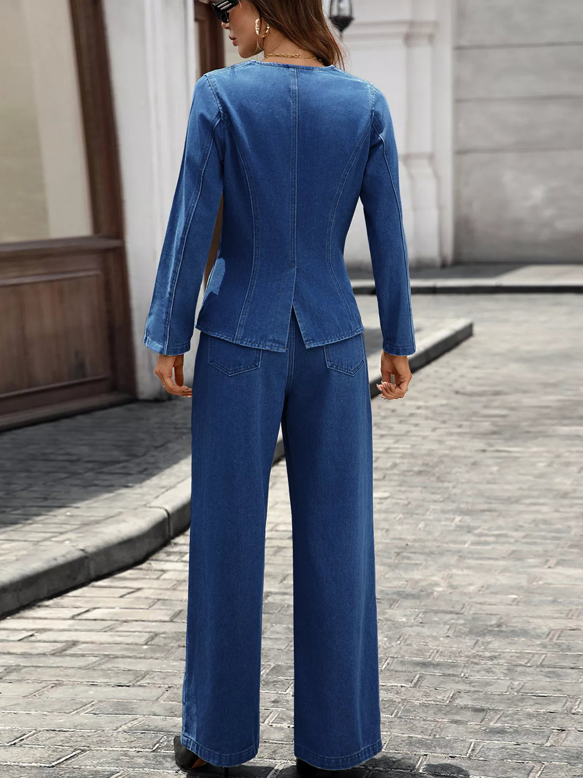 Button Up Long Sleeve Top Jeans Denim Set (15)