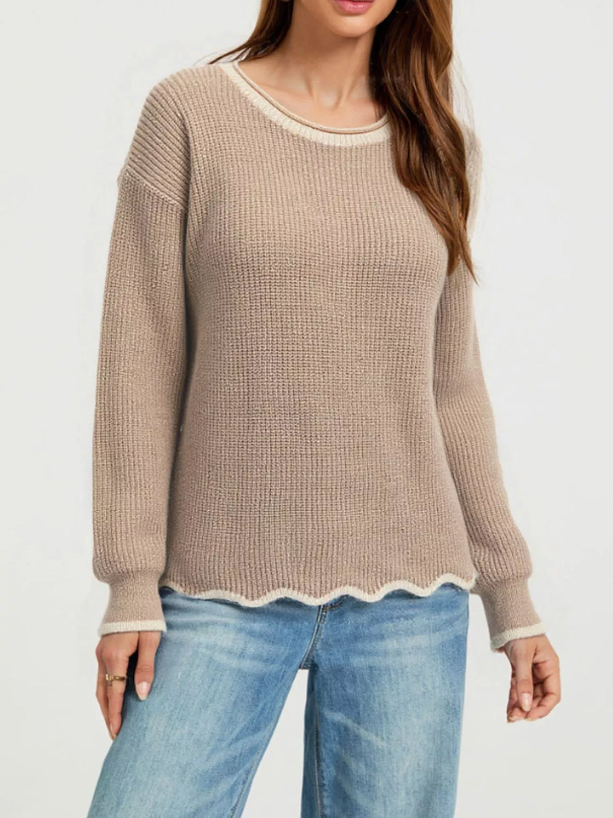 Contrast Trim Scalloped Hem Ribbed Knit Sweater (8)