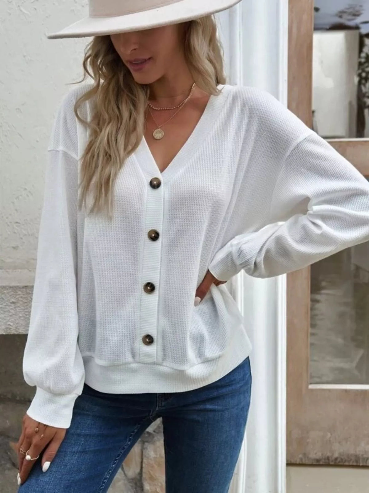 Casual V-neck Waffle Long Sleeve Top (3)