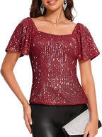 Square Neck Sequin Short Sleeve Blouse (6)