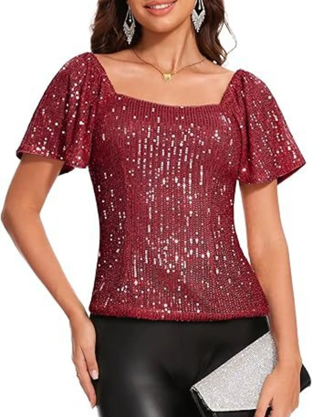 Square Neck Sequin Short Sleeve Blouse (6)