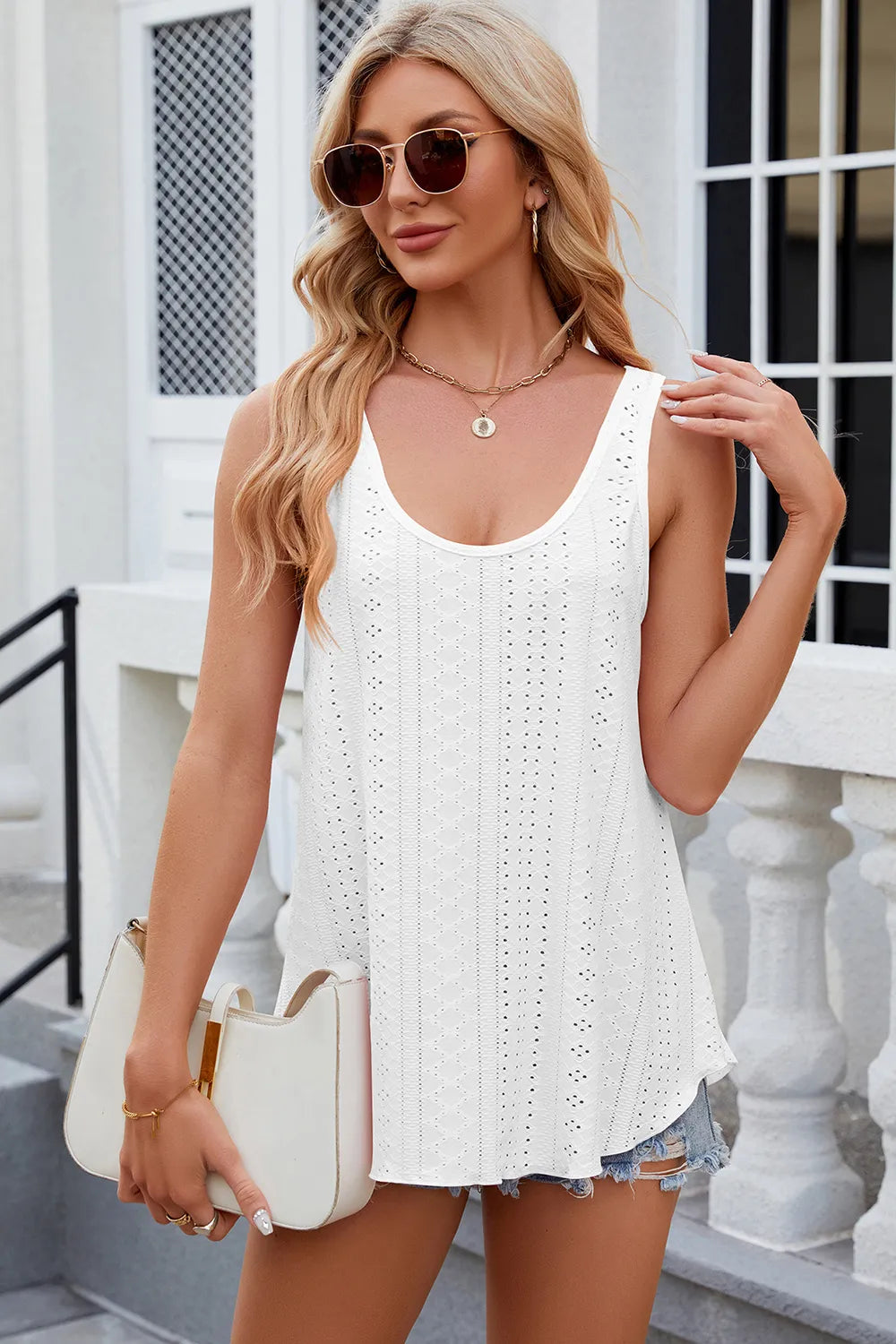 Eyelet Scoop Neck Wide Strap Tank (3)