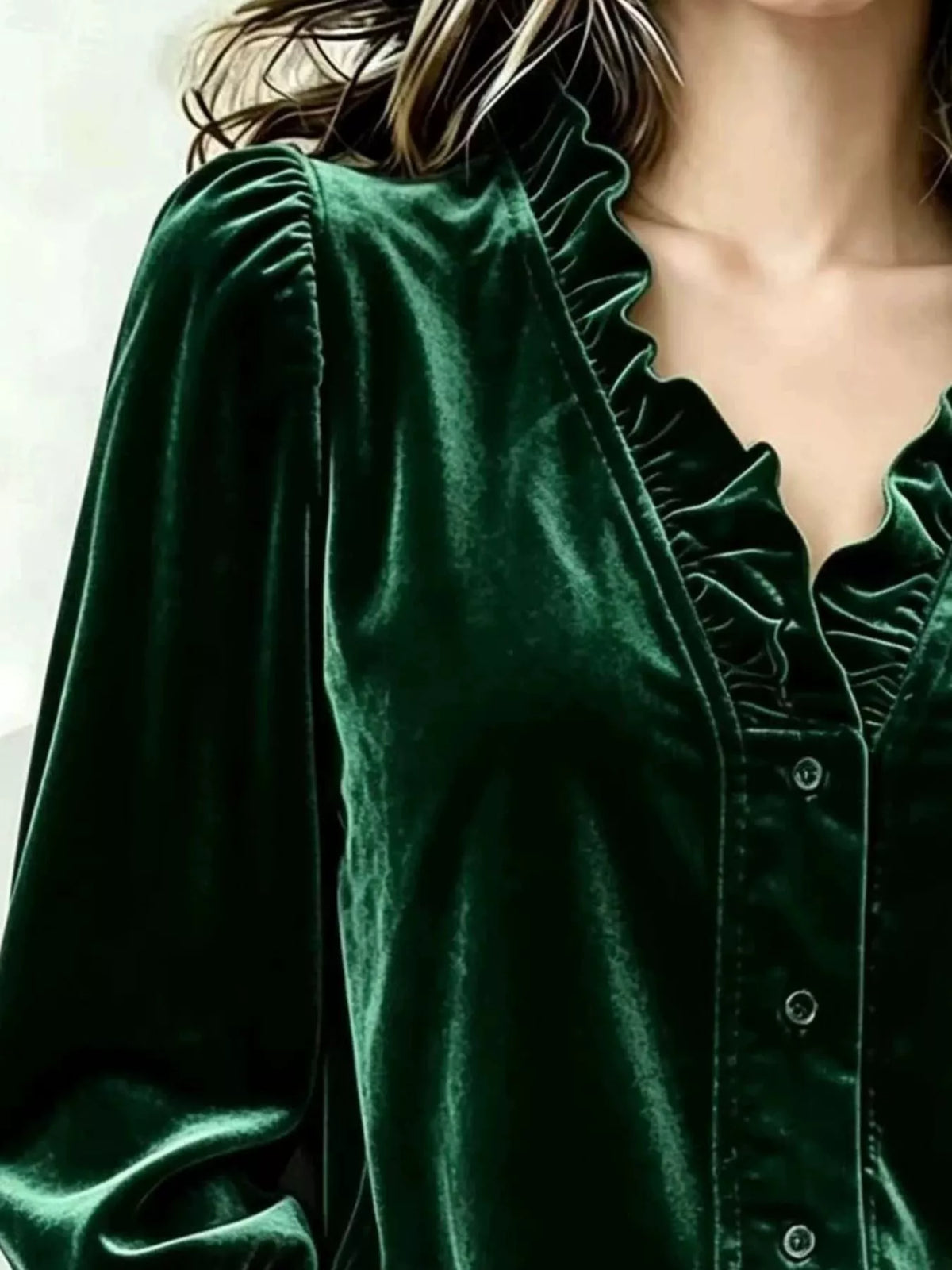 V-neck Ruffled Velvet Button Down Blouse (6)