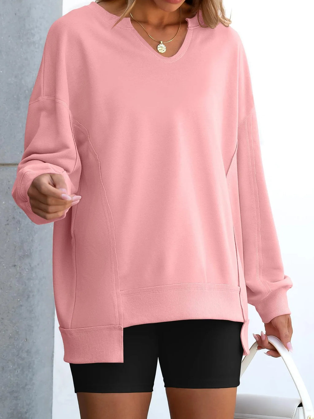 Notched Long Sleeve Oversized Sweatshirt (24)
