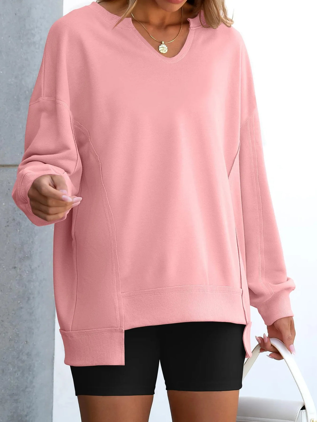 Notched Long Sleeve Oversized Sweatshirt (24)