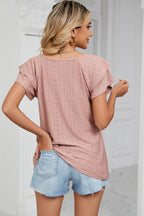 Eyelet V-neck Short Sleeve T-shirt (21)