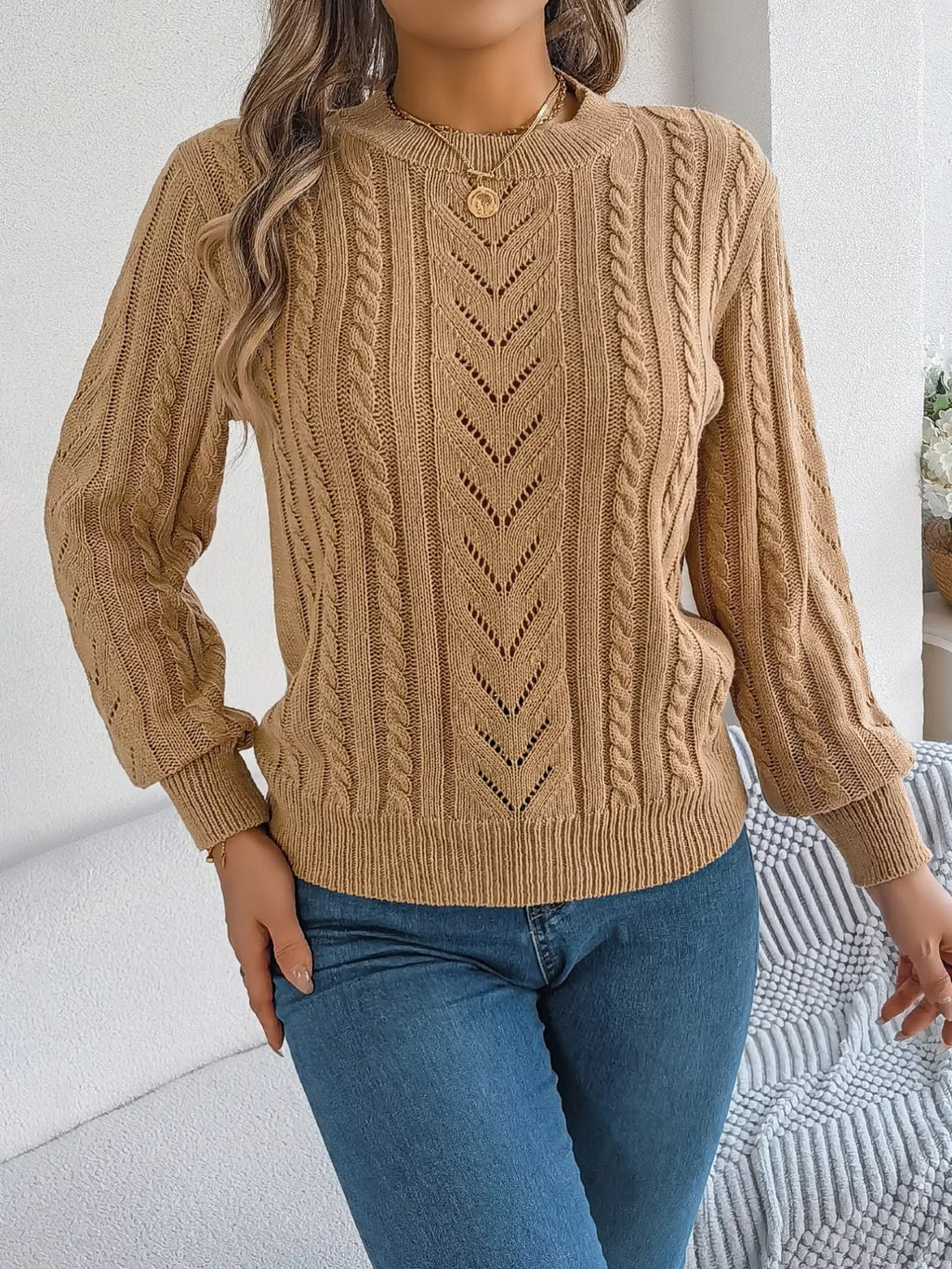 Cable-knit Round Neck Sweater (8)