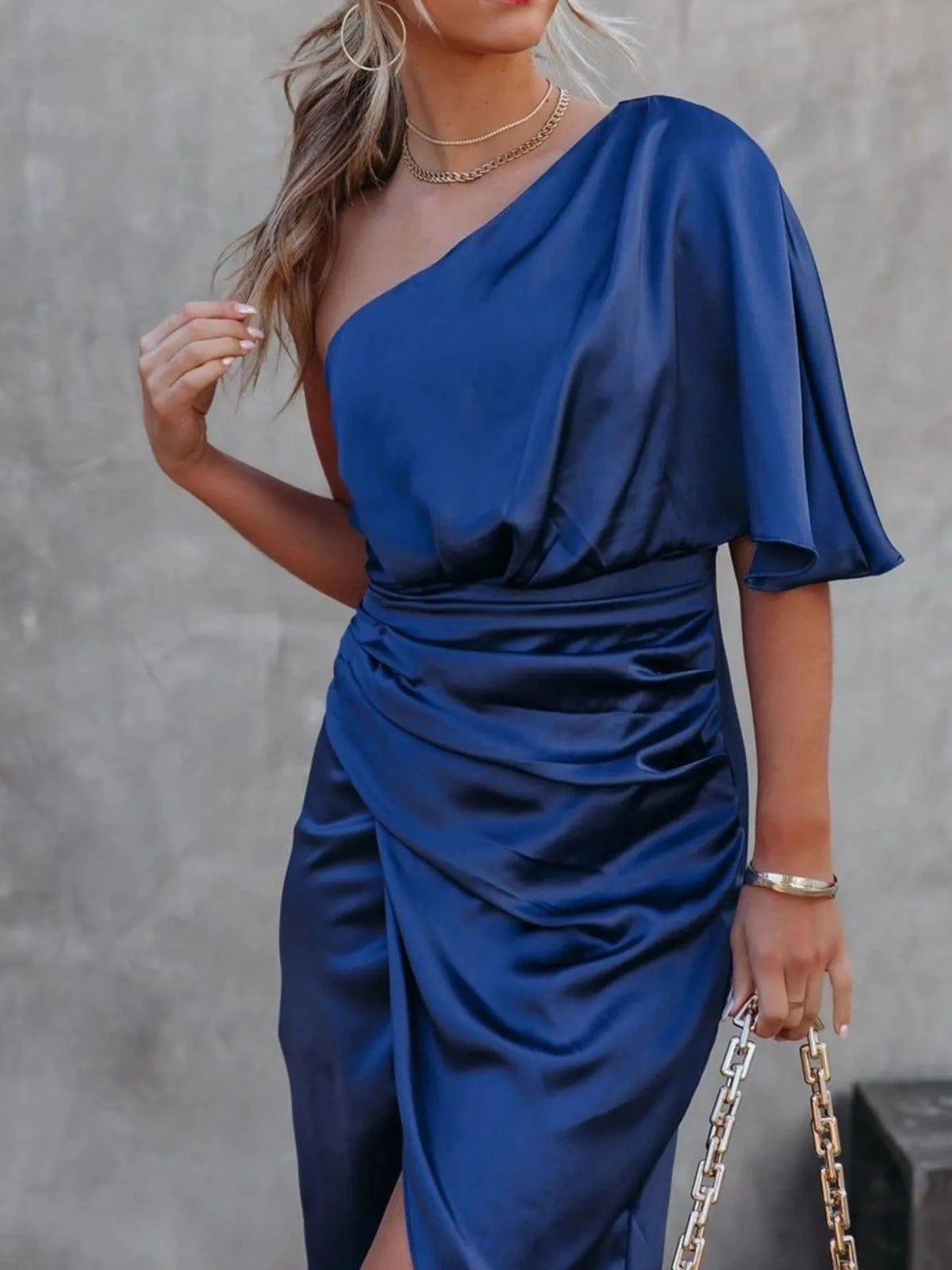 One-shoulder Satin Wrap Dress Side Slit (25)