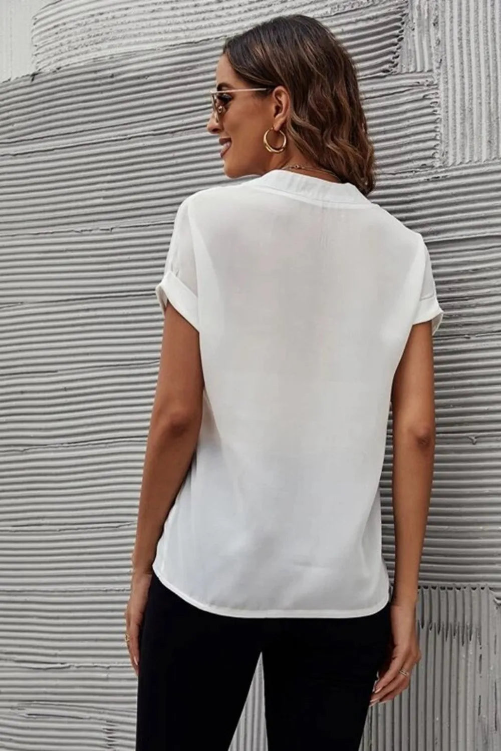 Full Size Notched Short Sleeve Blouse (3)