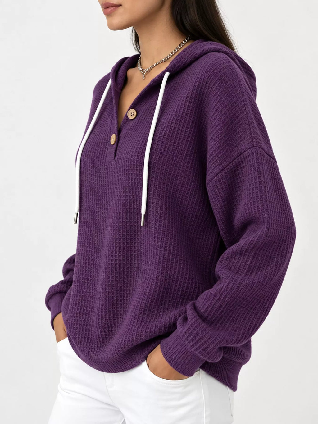 Full Size Waffle Knit Button Detail Hoodie Plus (41)