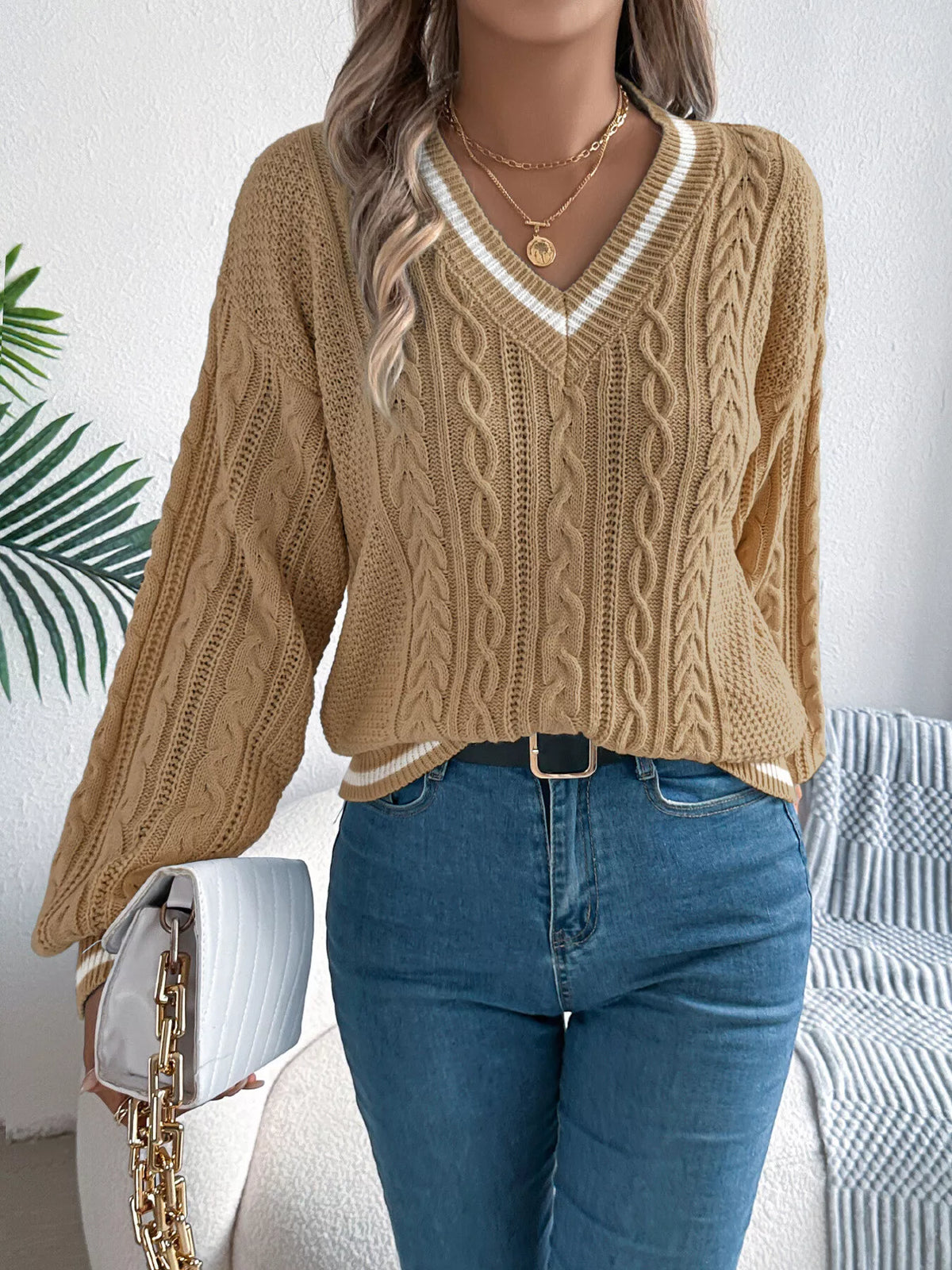 Cable Knit V-neck Long Sleeve Sweater (12)
