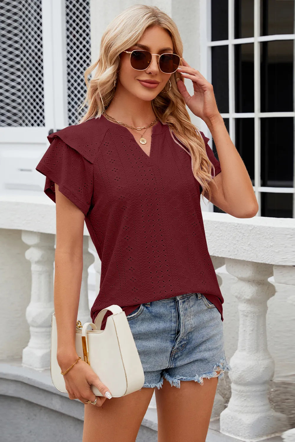 Eyelet Notched Short Sleeve T-shirt (11)