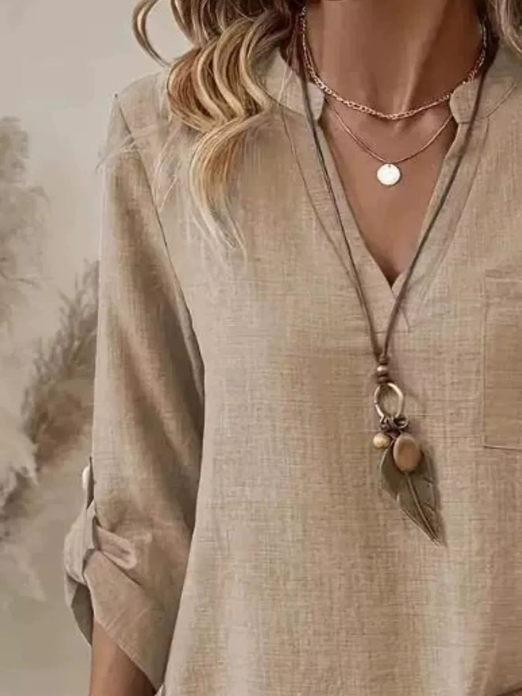 Casual V-neck Roll-sleeve T-shirt Pocket (4)