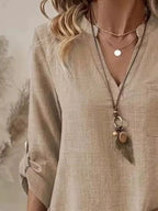 Casual V-neck Roll-sleeve T-shirt Pocket (4)