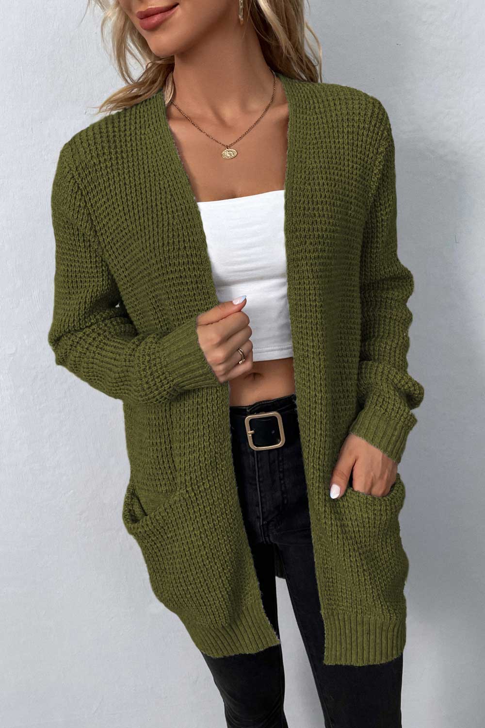Rib-knit Open Front Pocketed Cardigan (9)